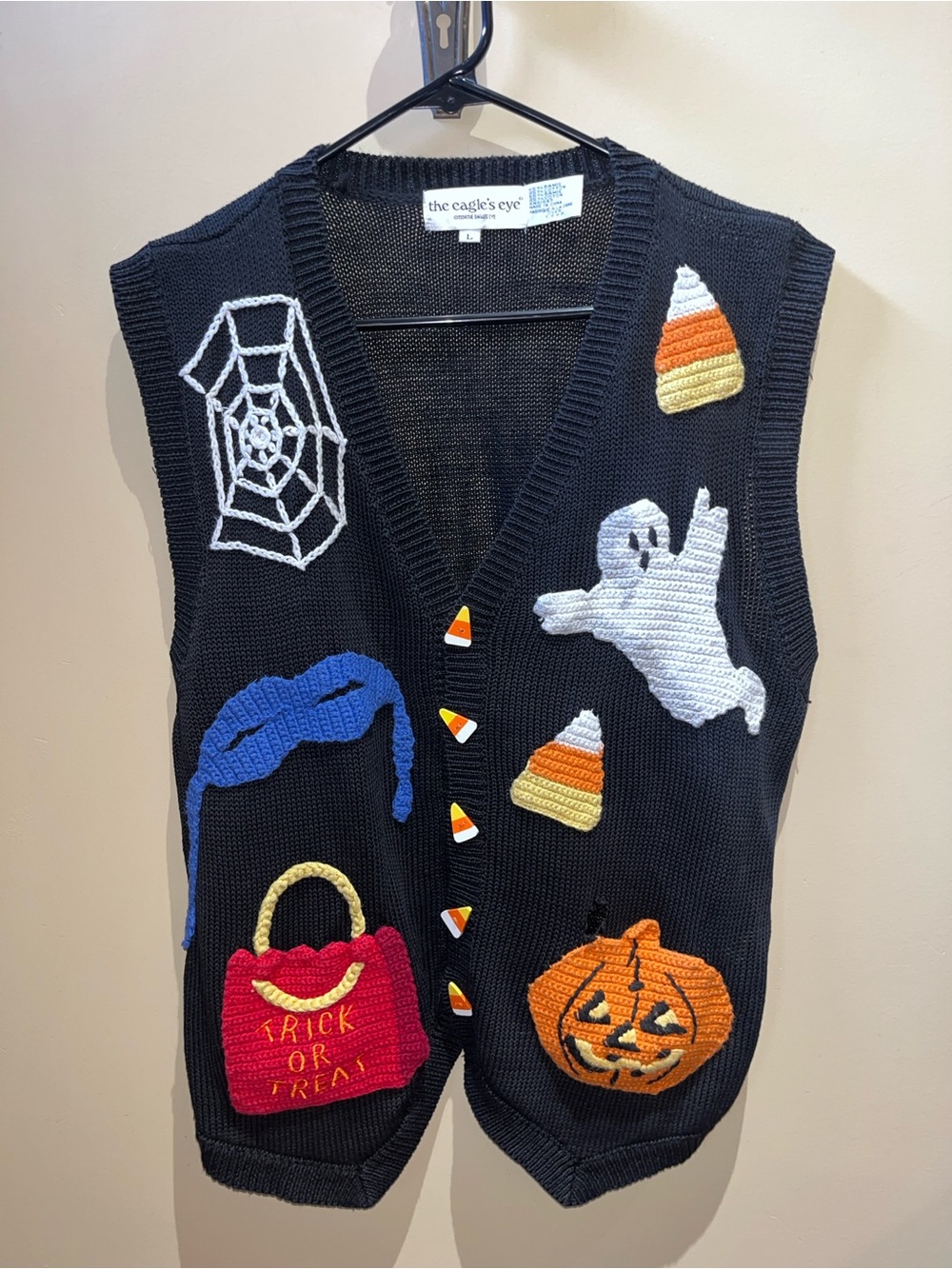Vintage Eagle's Eye Halloween Knit Sweater Vest Black Sz Large Needs Repair
